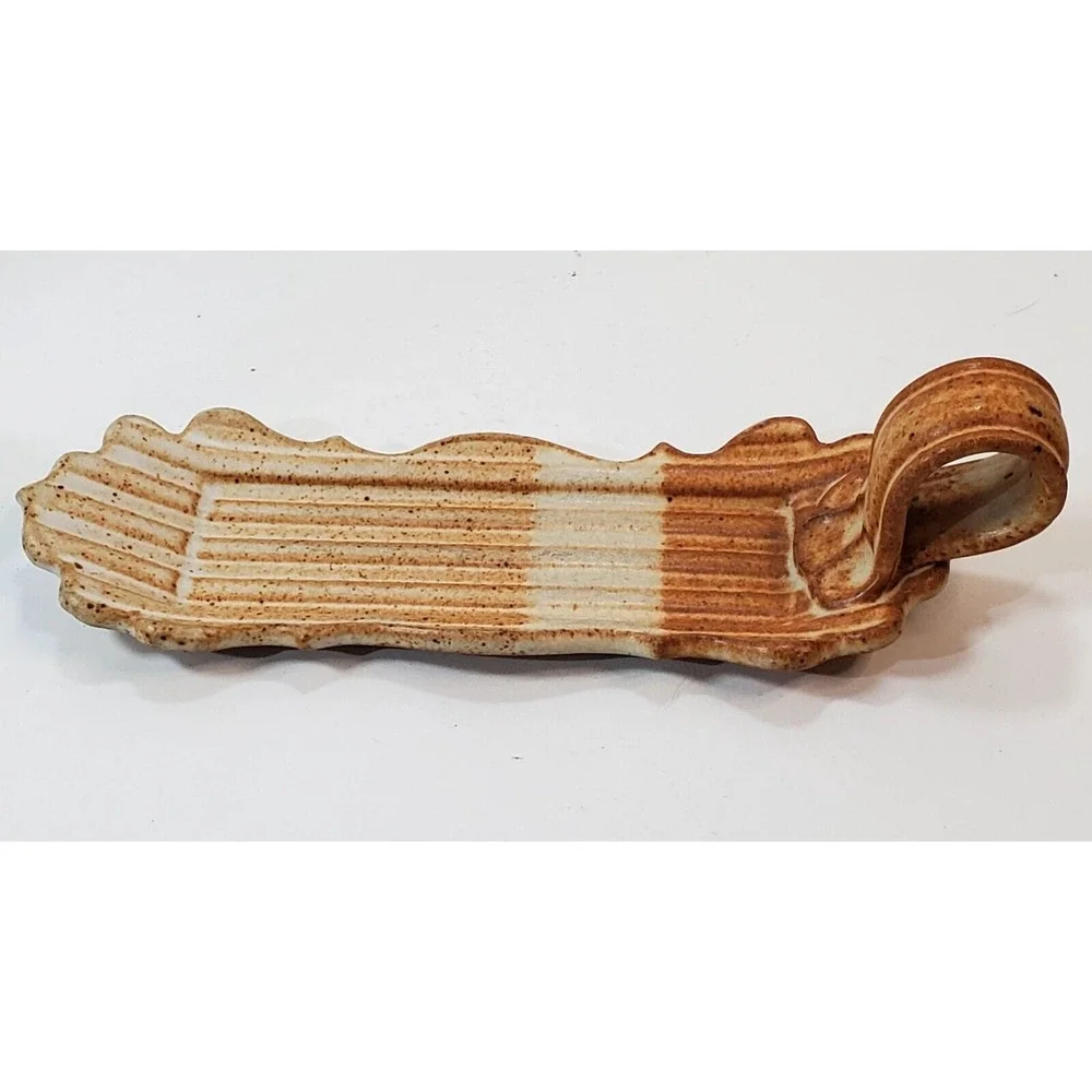 Vtg Marcia Muth Rustic Art Pottery Tri Color Butter Stick Dish W/ Handle Scallop